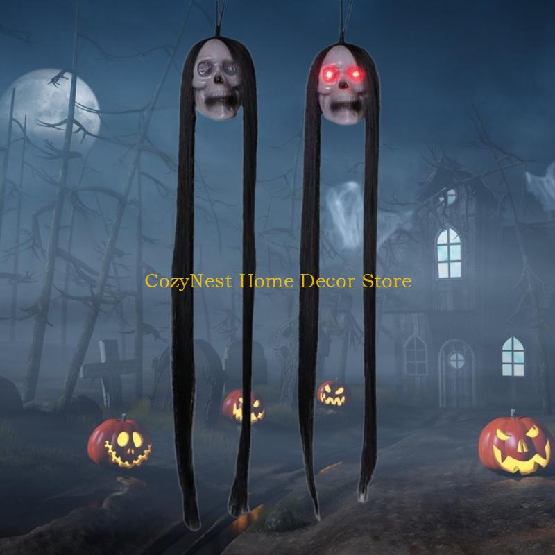 92MF Halloween Yard Decoration Flashing Eye Terrifying Long Hair Skull Party Props