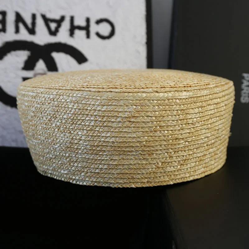 Garden Supplies My Women's High-Quality Natural Wheat Straw Hand-Woven Berets For Retro Detailed Concave Pillbox Hat Catwalk Flat Top Painter Hat 56-58Cm