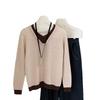 Women's V-Neck Wool Sweater - Faux Two-Piece, Color Block, Warm Layered Pullover for Autumn/Winter