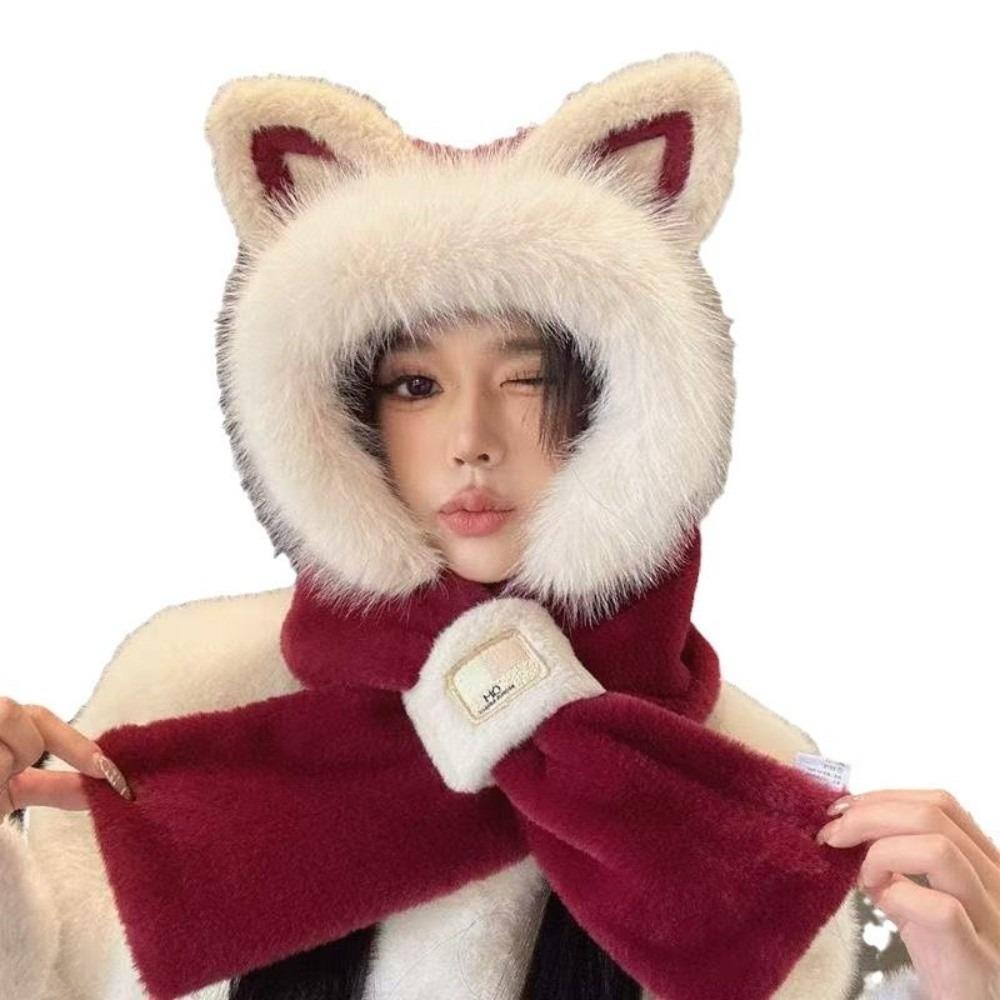 Windproof Hat Scarf Keep Warm Winter Plush Scarf Fox Ears Hooded Scarf for Women Autumn Winter
