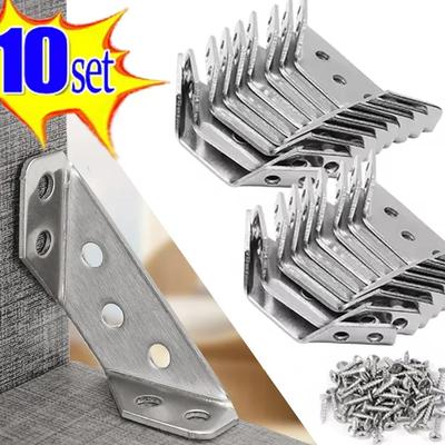 10pcs Corner Brackets Stainless Steel Furniture Angle Shelf Connector Cabinet Support Fixing Frame Corner Brace with Screw Tool