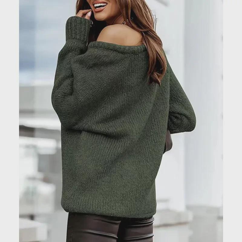 Off-Shoulder Sexy Round Neck Knit Pullover: Solid Color Casual Loose Plus Size Women's Sweater - Autumn/Winter Collection