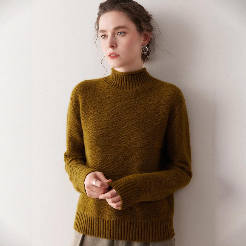Women's Wave Jacquard Thickened Cashmere Sweater, Solid Color Half-High Neck Knit Top for Autumn/Winter