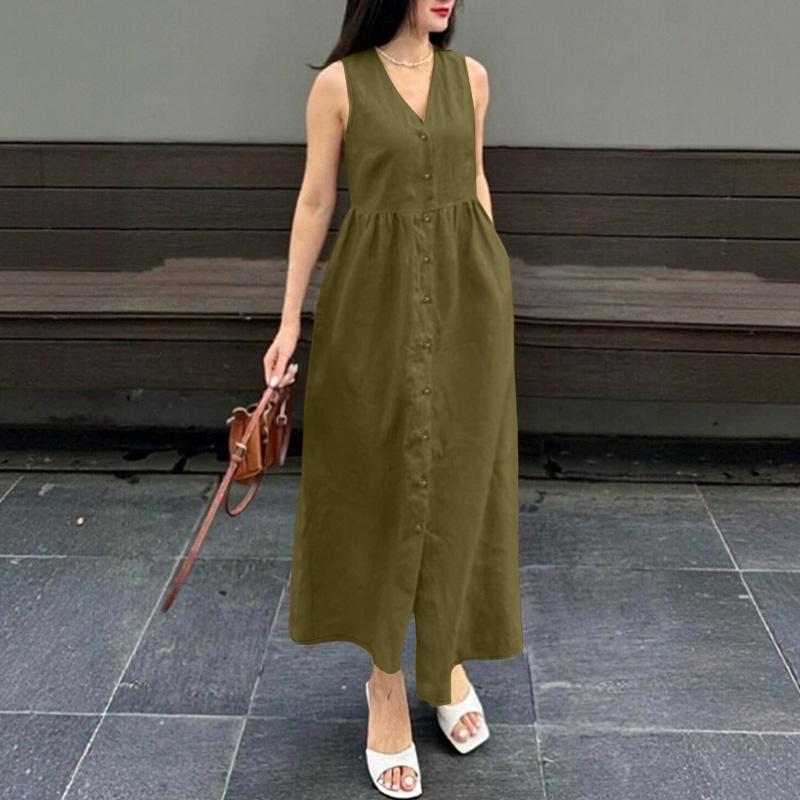 ZANZEA Women Casual V-Neck Summer Sleeveless Dress