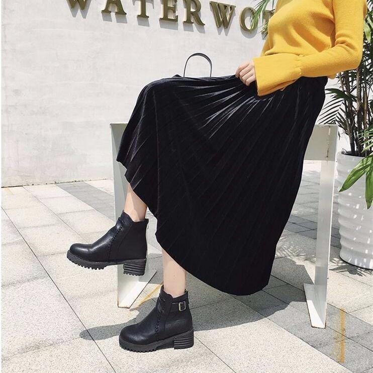 Womens Fashion Pleated Midi Long Skirt Female Korean Japanese Casual High Waist Skirts Spring