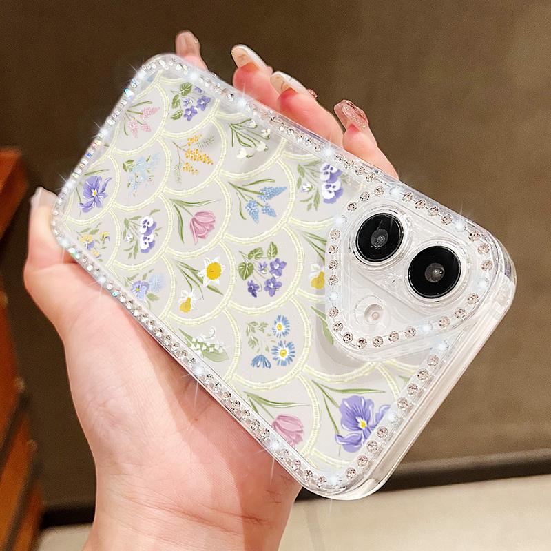 Floral Pattern Clear Shockproof Phone Case For iPhone 16E 16 Pro Max 15 Pro 14 13 12 11 Diamond Frame Anti-Fall Soft Silicone Bumper Cover