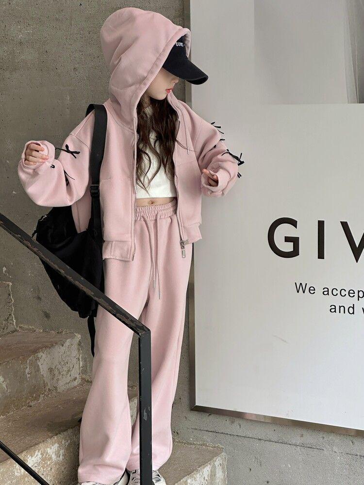 Trendiges koreanisches Schleifenset: Kapuzenjacke & Freizeithose für große Mädchen