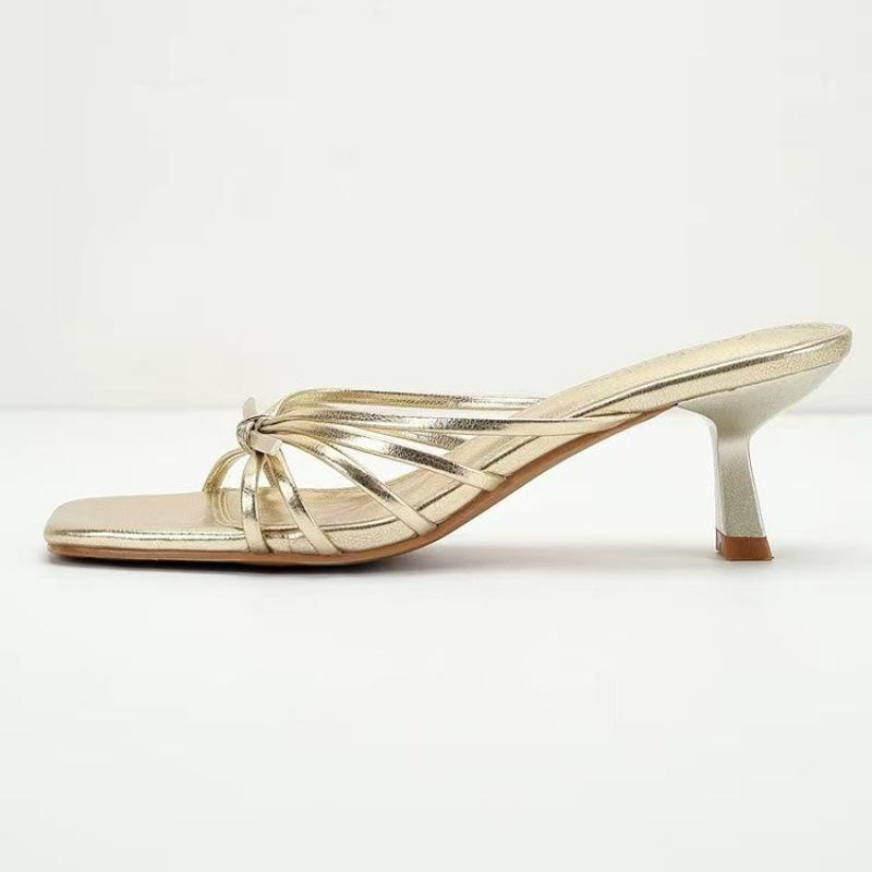 

French gold high-heeled cool slippers for women s outerwear 2025 summer new temperament thousand gold thin straps medium heel open-toed sandals 35