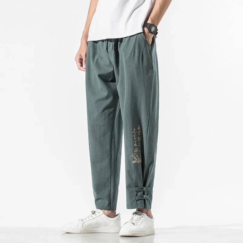 

Chinese Style Men Cropped Harem Pants Men Frog Buttons Embroidery Pants Traditional Loose Fit Trousers Daily Wear Bottoms L темно-зеленого