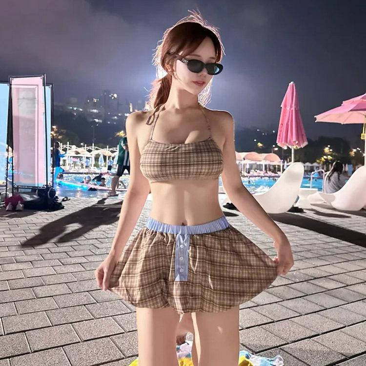 Swimsuit Women's Plaid Retro Bud Skirt Briefs Bikini Three-piece Set Small Breasts Gather Sexy Babes Vacation Style