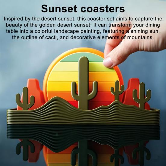 Sundowner Coaster Set with Cactus Toothpick Holder Mountain Salt & Pepper Shakers And Sun Bottle Opener Desert-Themed Table Decor for Party
