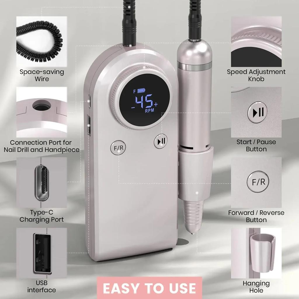 45000RPM Rechargeable Nail Drill Manicure Machine Professional Nail Drill With LCD Display Portable Cordless Drill Set Nail Art