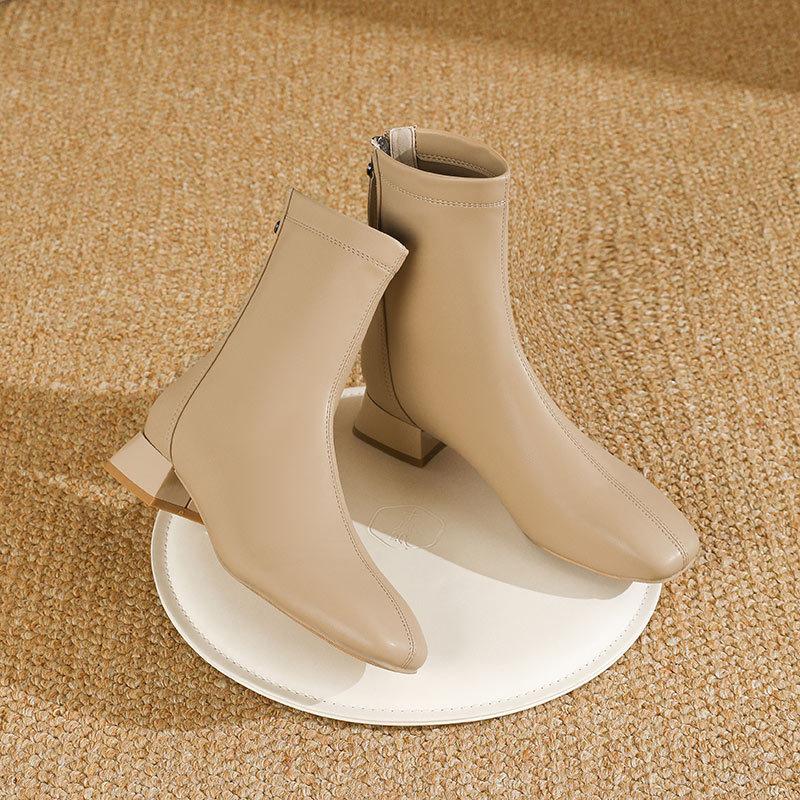 French small short boots women's spring and autumn single boots 2024 new low-heeled medium boots temperament square head thick heel thin boots