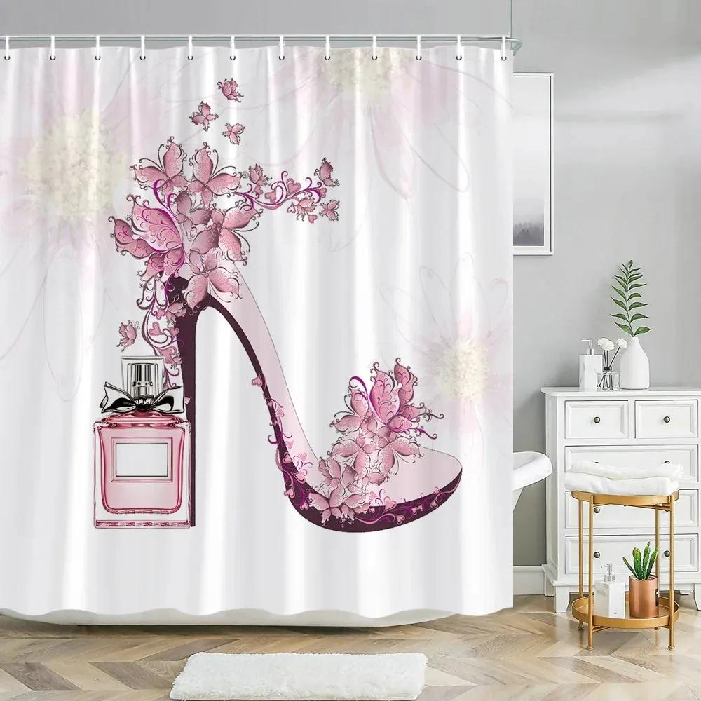 Pink Perfume High Heel Shower Curtain Set Black White Stripes Fashion Girl Woman Bathroom Decor Polyester Bathtub Curtains Hooks
