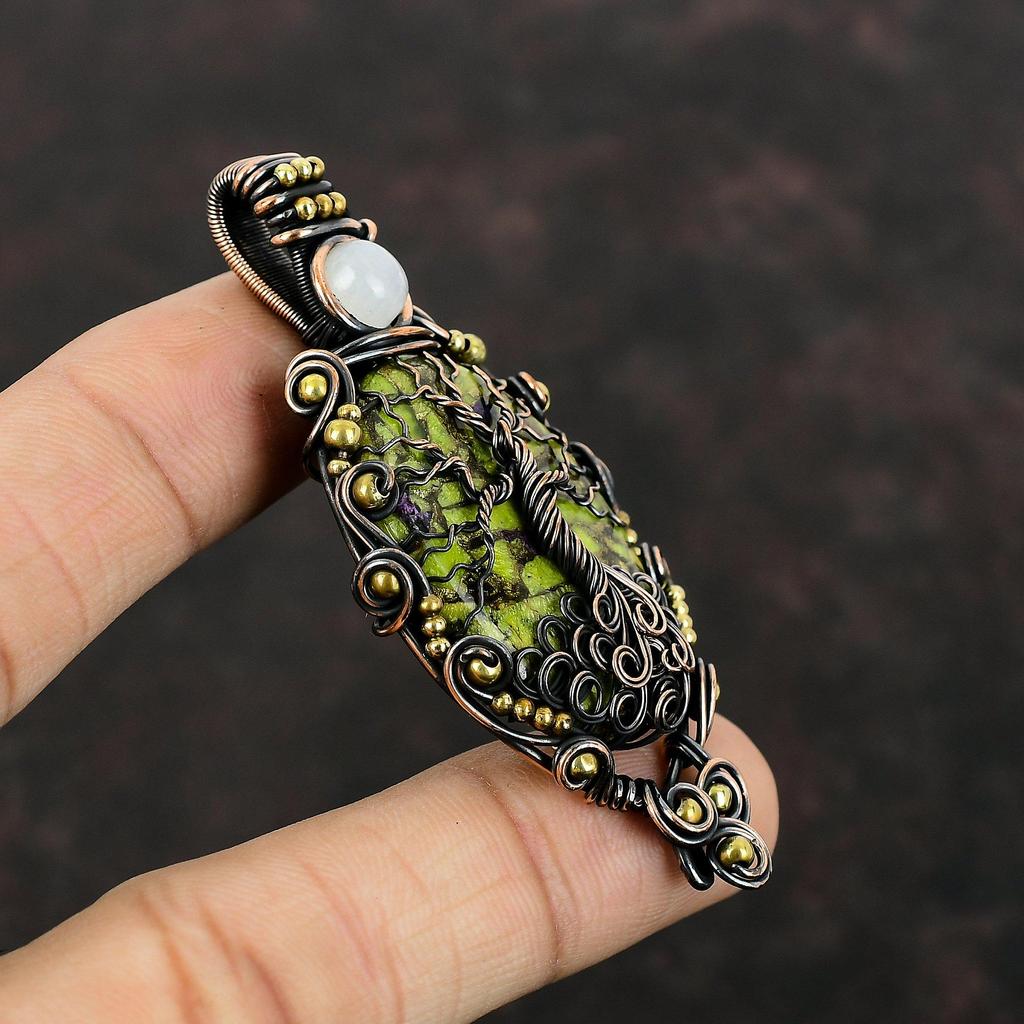 Pendentif Arbre de Vie Cuivre Stichtite Pendentif Enveloppé de Fil de Cuivre Bijou en Cuivre Pendentif Pierre de Lune Pendentif Fait Main Cadeau pour Femmes