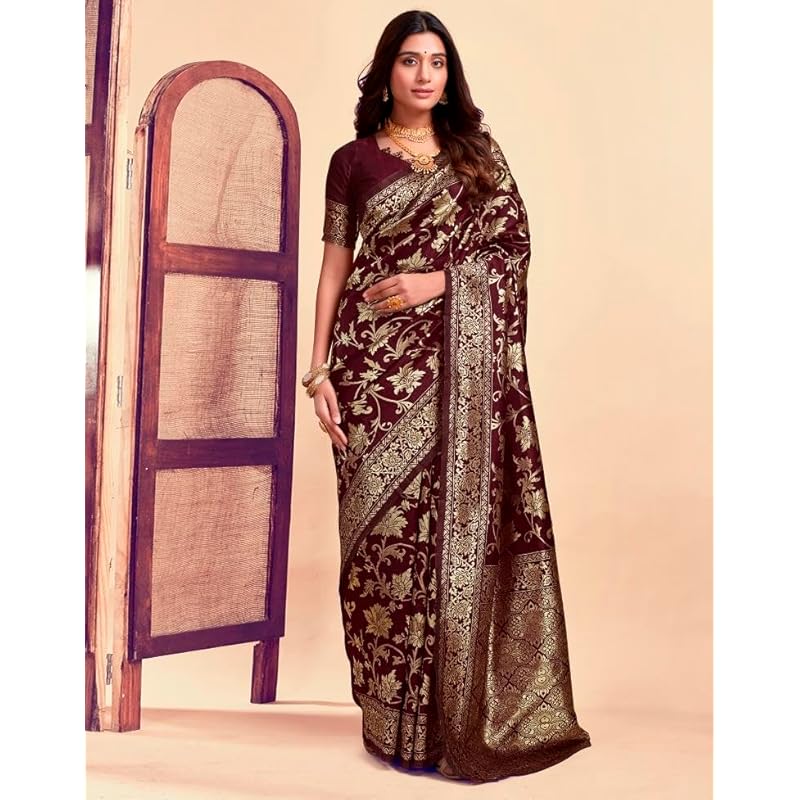 Sugathari Women s Pure Kanjivaram Silk Saree Banarasi Silk Saree With Blouse Piece (SAM PARI S-7) (Maroon) Free Size малиновый