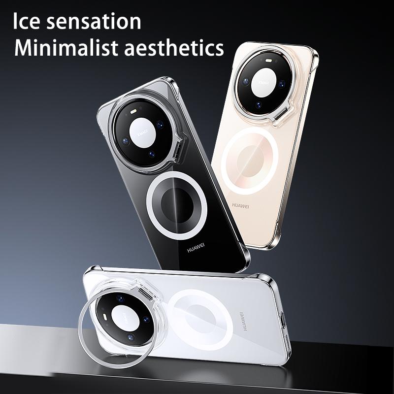 Frameless for Magsafe Magnetic Phone Case Huawei Mate 60 70 80 Pro Max + Lens Stand Holder Transparent Protective Back Cover