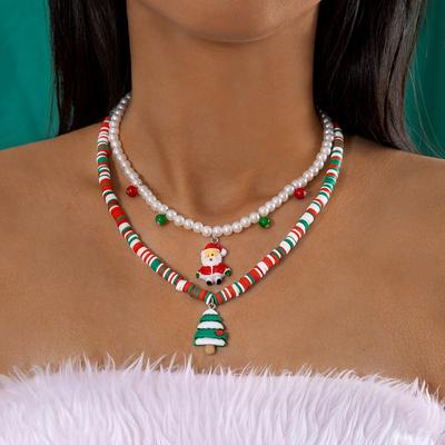 Stained Glass Beaded Santa Necklace Two-piece Set Imitation Pearl Christmas Necklace