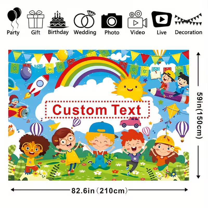 Custom Text Kids Backdrop, Colorful Cartoon Back To School Party Background
