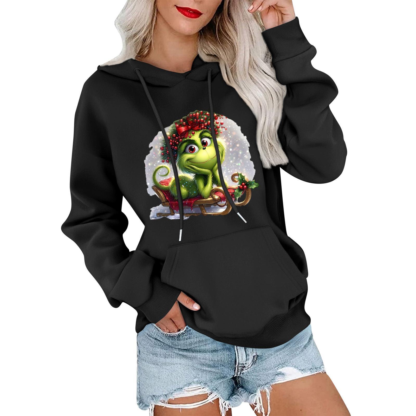 

Женский повседневный удобный свитшот с капюшоном, длинным рукавом и рождественским принтом L чёрный