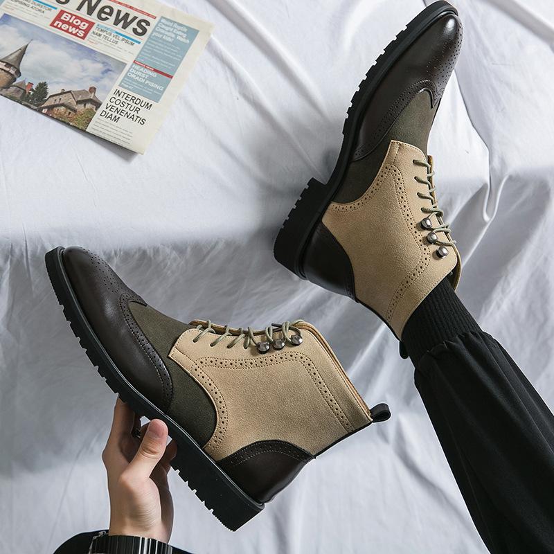 Men's Retro Green Leather High-Top Martin Boots with Pointed Toe