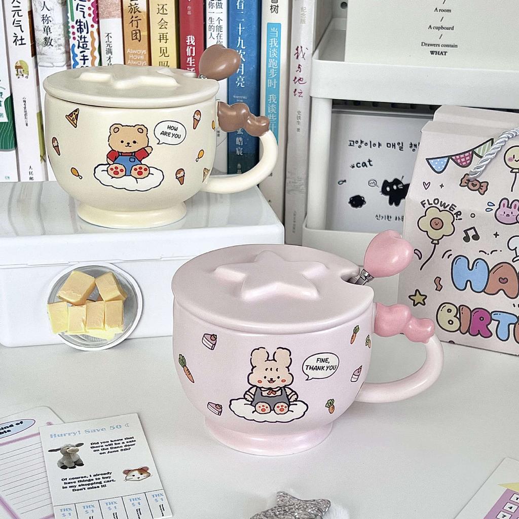 Kubek z mlecznym fufu z uroczym misiem z pokrywką i łyżeczką dla dziewczyn, wysokiej jakości ceramiczny kubek z króliczkiem, kubek na kawę/mleko dla pary