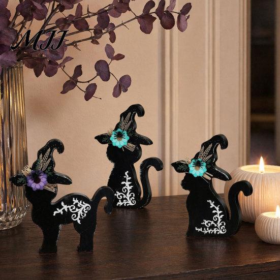 Halloween Decorations 3Pcs Decoration, Black Cat Ghost Witch Hat Table Decor, Party Decor Rustic Farmhouse Wooden Centerpieces for Home Office Tiered