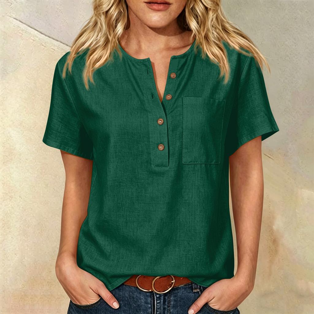 Women Henley Button Neck Short Sleeve Cotton Linen Shirt with Chest Pocket Loose Fit Casual Top for Daily Office Wear