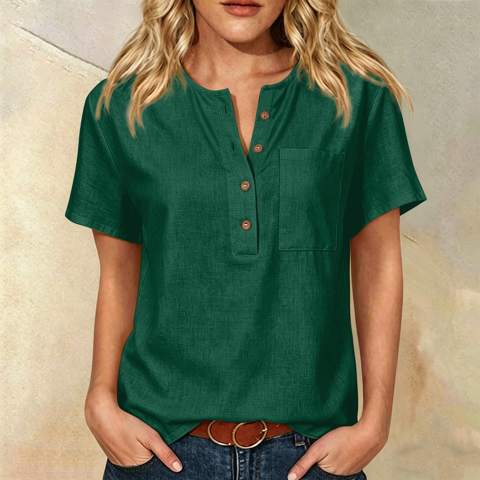 

Women Short Sleeve Henley Button Down Shirt with Chest Pocket Cotton Linen Casual Loose Fit Top for Daily Wear Office XL