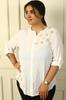 Front Round Embroidered Folded Sleeve Washed Linen Plus Size Shirt