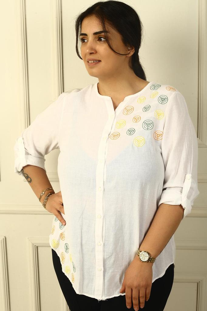 Front Round Embroidered Folded Sleeve Washed Linen Plus Size Shirt