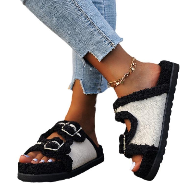 Thick-soled Fluffy Slippers for Women Outside, Autumn New One-word with Velvet Cotton Slippers, Home Wear Cotton Shoes for Women Outside