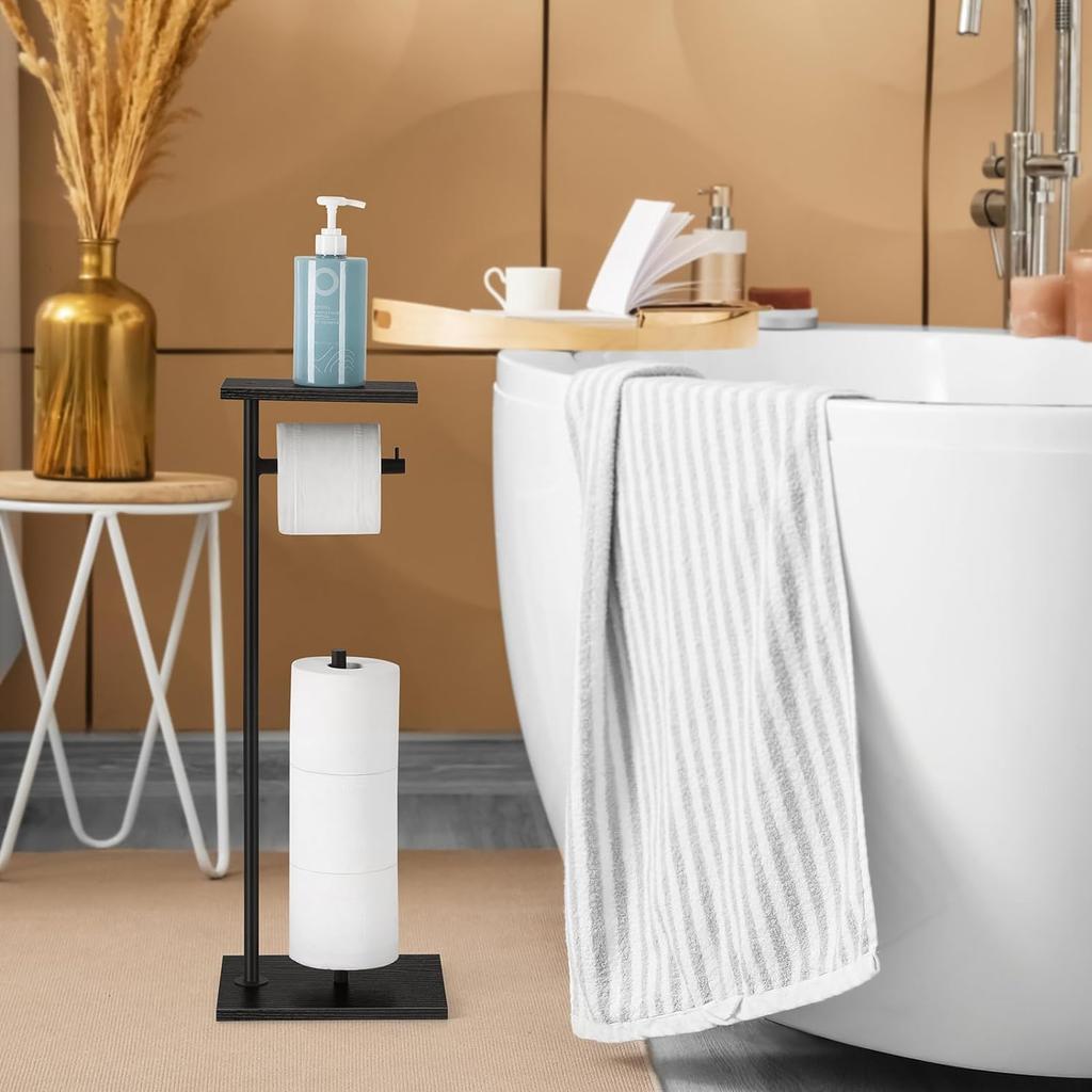LIANTRAL Freestanding Toilet Paper Roll Dispenser, Toilet Paper Holder Stand with Top Storage Plate, Black Metal Frame, Black Patterned Plate