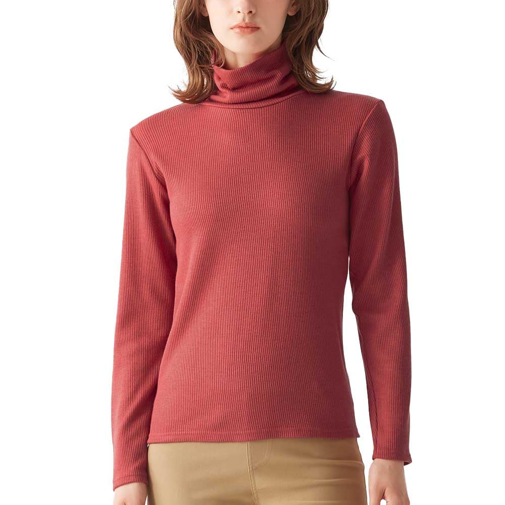 Gunze HOTMAGIC MH8445 Long Sleeve Cotton Warm Inner Rib Cherry Red Women's T-Shirt, Blend, Moisture-Wicking, Heat-Generating, Material,