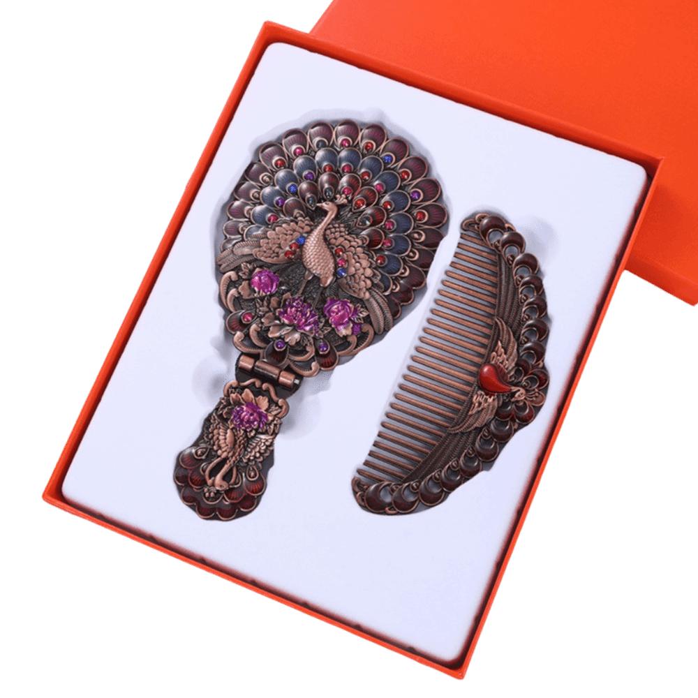 Portable Peacock Makeup Mirror Comb Set Hand-held Folding Cosmetic  Mirror  Wedding Decor Style 2