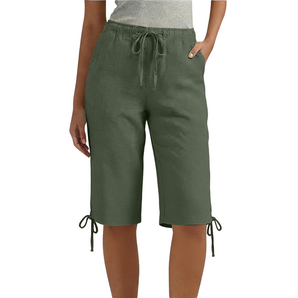 Ladies' casual and fashionable loose waist drawstring five quarter pants with pockets