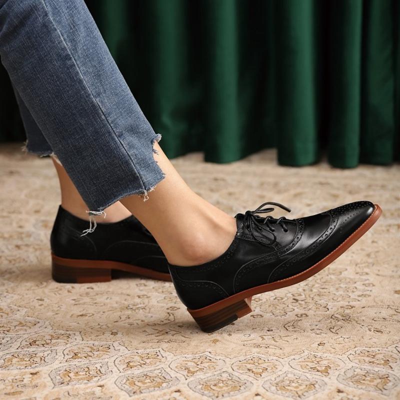 Autumn Women Shoes Retro Oxford For Woman Genuine Leather Flats Brogues Lace Up Casual Chelsea Shoes Rubber Brown