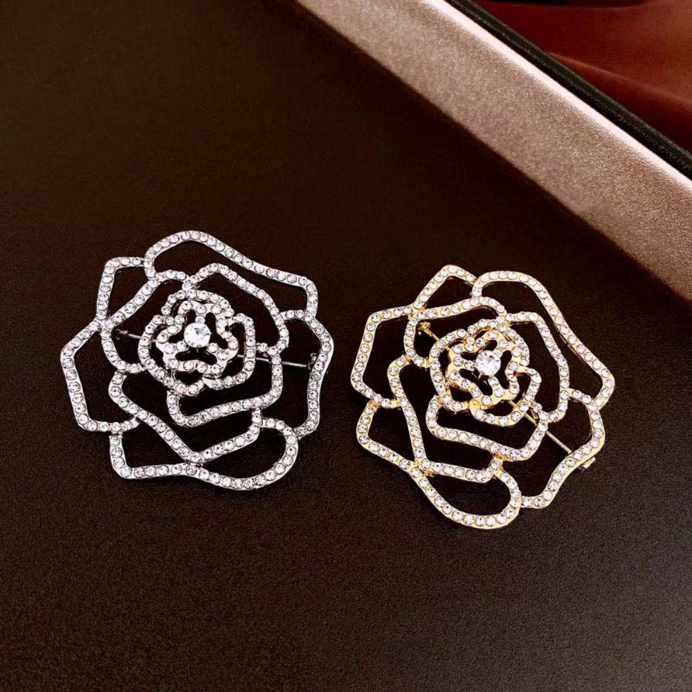 Badge Hollow Camellia Brooch Korean Style Rhinestone Brooch Temperament Suit Collar Pin  Decoration