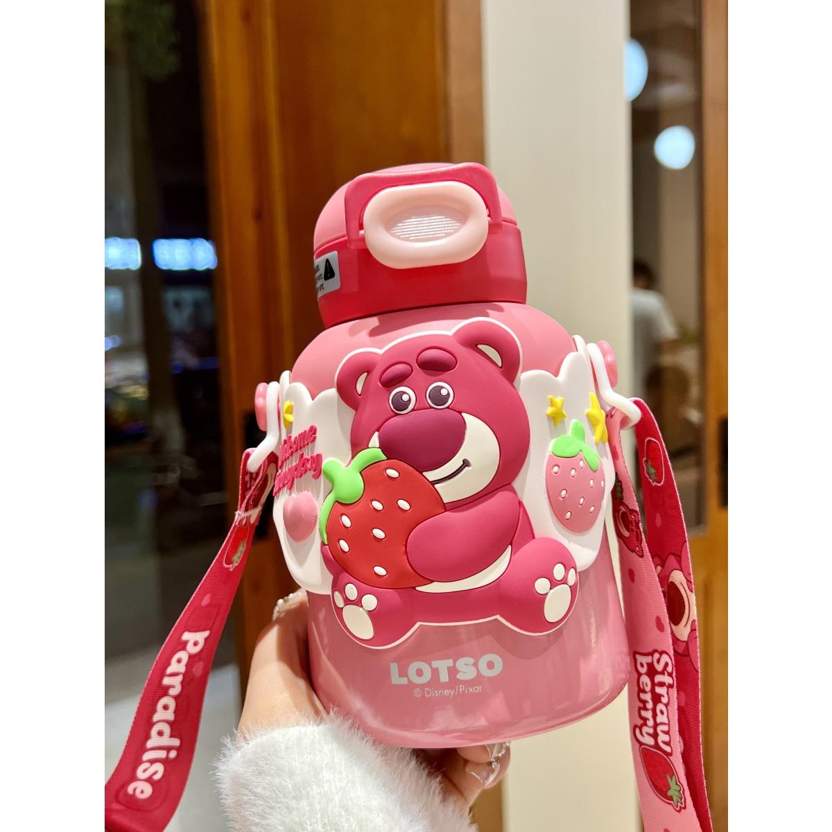 Strawberry Bear Kids Thermos Mug Steel Straw Water Mug Students Best Go To School Baby Direct Drinking Pot Durable Durable 480ml