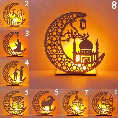 8 Stile DIY Holz Ramadan Dekorationen Mond LED Kerze Lampe Muslim Islam Eid Handwerk Ornamente