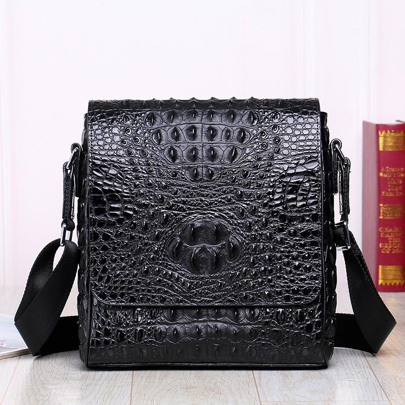 New Crocodile Pattern Leather Men s Bag Shoulder Business Casual Vertical Crossbody Cowhide Mailman 25x8x28 чёрный