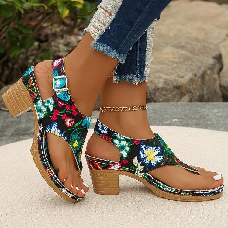 Fashion 2025 Summer New Women's Sandals Large Size Color Block Women's Wedge Open Toe Shoes Fashion Buckle Printed Beach Flip Flops