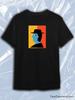 TeeSensation Black Crew Neck Short Sleeve T-Shirt with Abstract Blue Face Hat Pop Art Print
