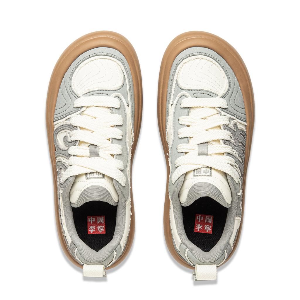 New LiNing Puff Platform Abrasion Resistant Slip Resistant Low Top Skateboard Shoes Women's Gray Beige AZGU068-1