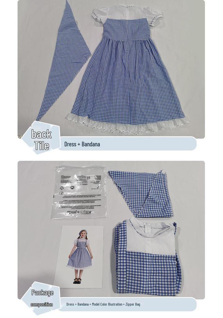 Blue Plaid Halloween Cosplay Costume for Kids with Headscarf & Skirt