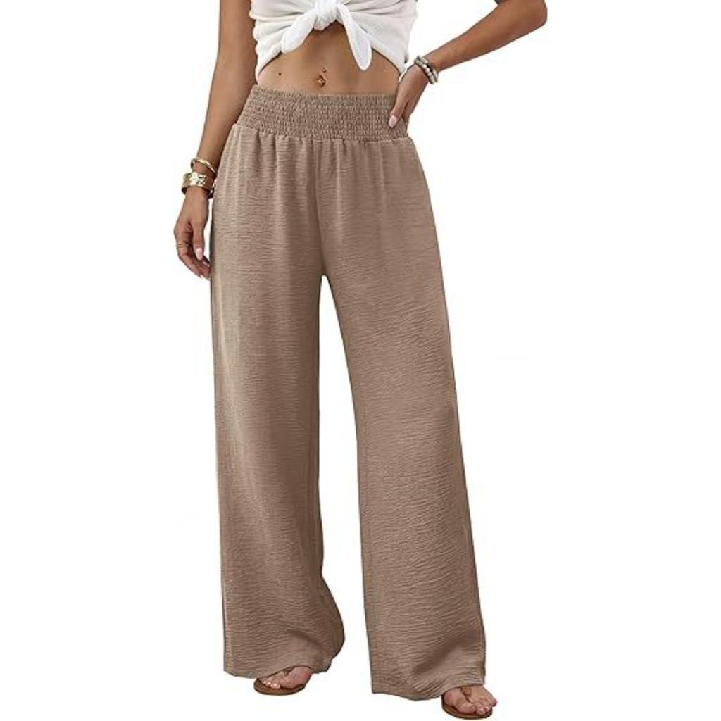 Damen High Waist Geraffter Elastischer Bund Weiter Bein Lockerer Schnitt Freizeithose