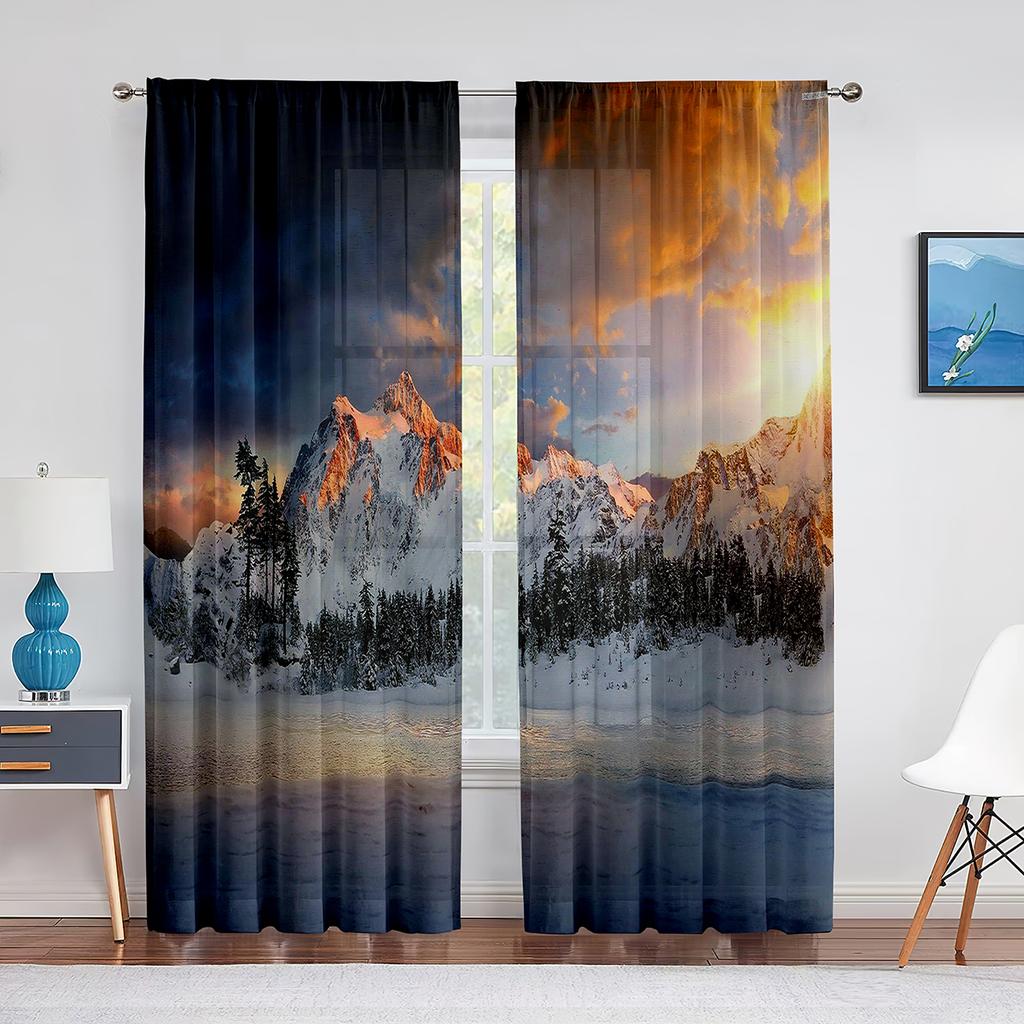 Snow Mountain Dreamy Dusk Scenery Sheer Curtain for Living Room Bedroom Voile Drape Kitchen Window Tulle Curtains Home Essential
