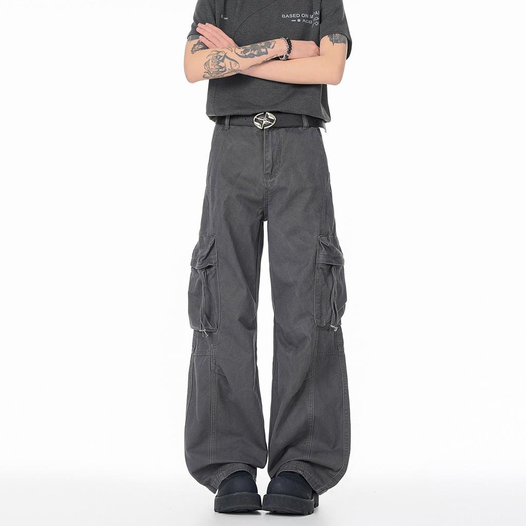 Popular American Retro Overalls Loose Men's and Women's Pure Cotton Three-dimensional Multi-pocket Straight-washed Casual Pants