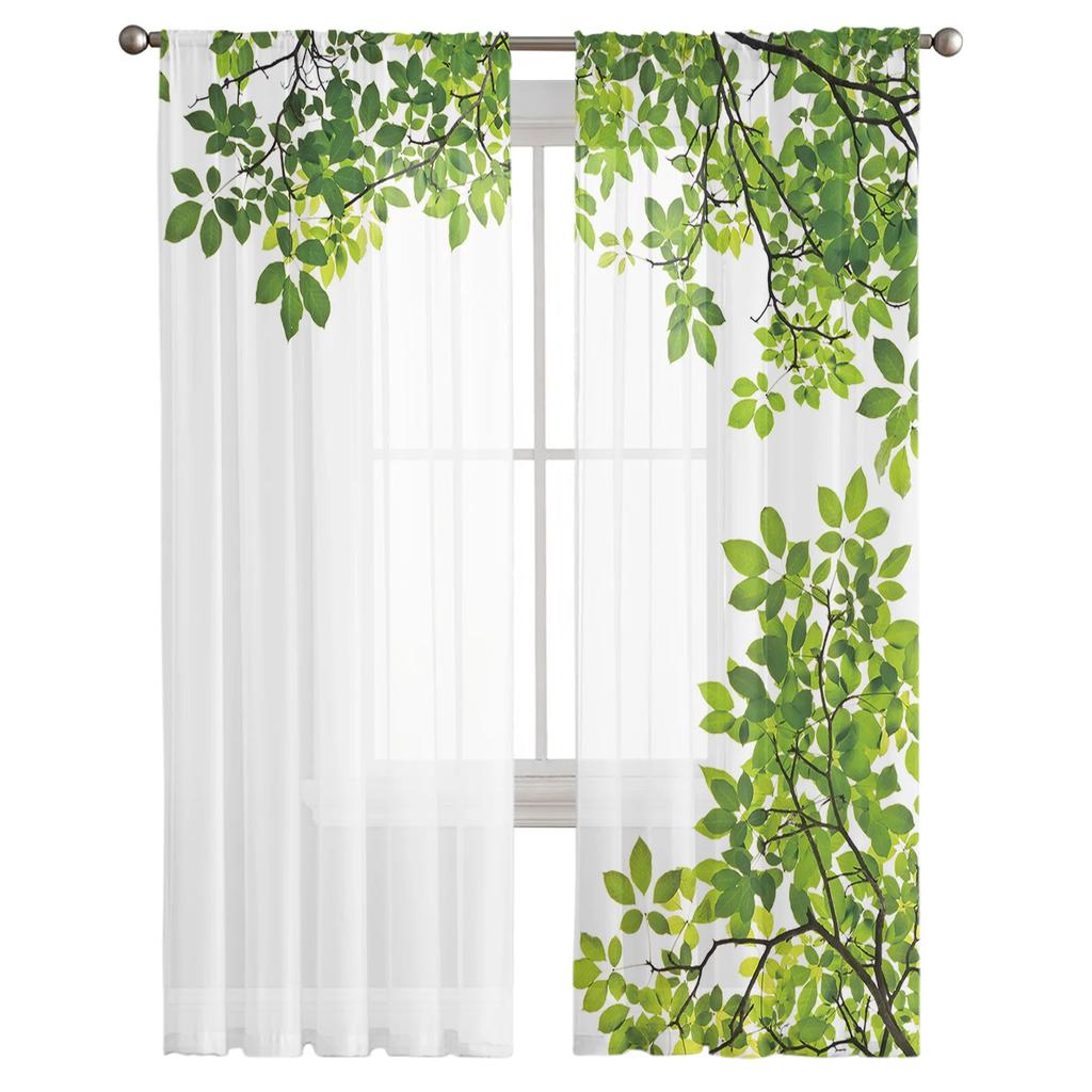 Light Filtering Green Branches Plant Leaves Tulle Curtains Living Room Bedroom Decoration Transparent Chiffon Voile Window Curtain Polyester Washable