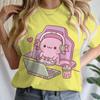 Cute Axolotl Playing Games T-shirt Female Casual Summer Drink Top Tie Dye Boba Tea Cartoon T-shirts Gamer Funny Short Sleeve Tee